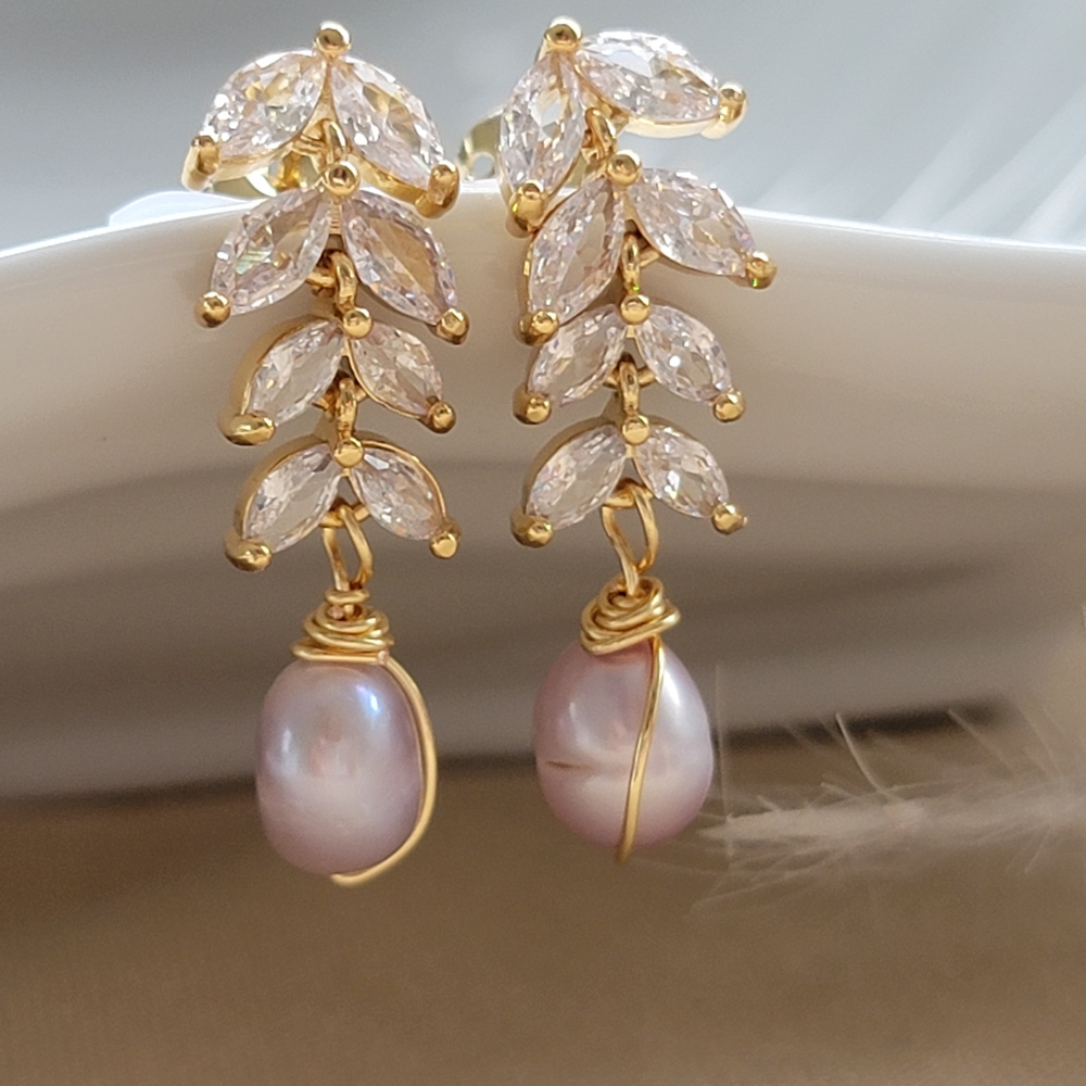 Gold Crystal Leaf Pearl Drop Earrings - Elegant Pink Pearl Dangle